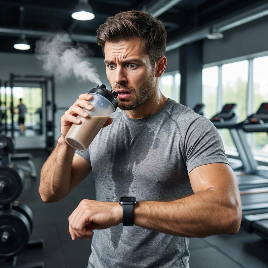 Guy chugging protein shake locker room