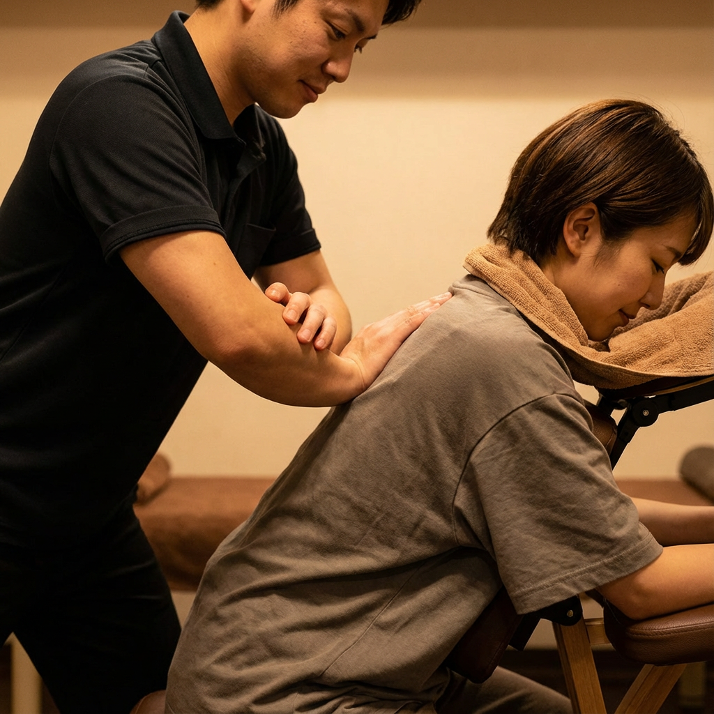 Using percussion massager on shoulder