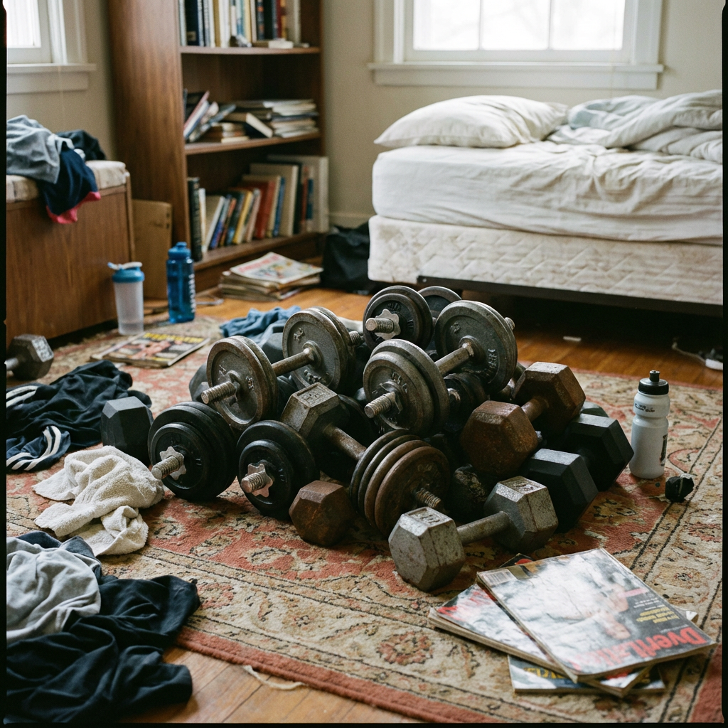 Cluttered home gym weights