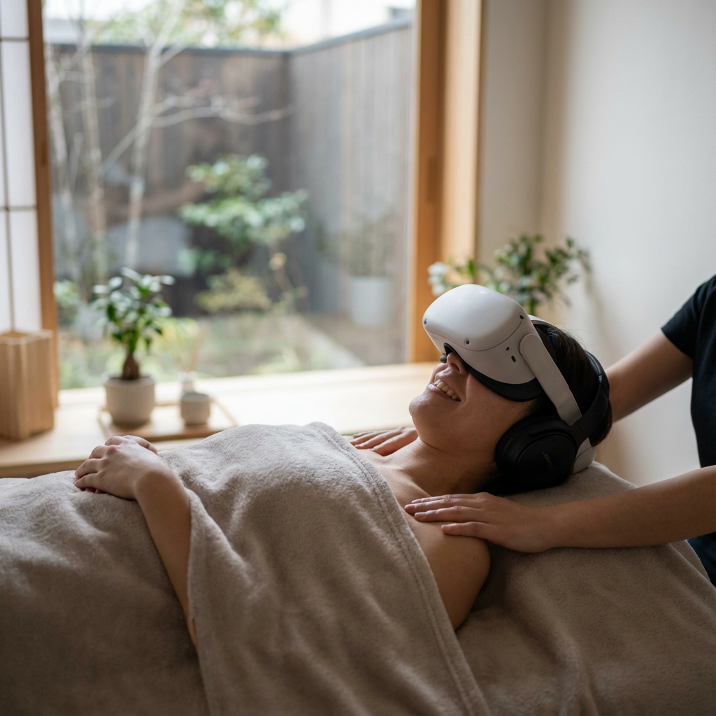 Person wearing eye massager