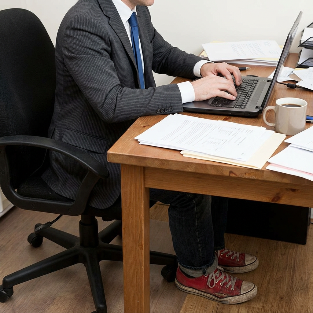 Man typing on laptop walking